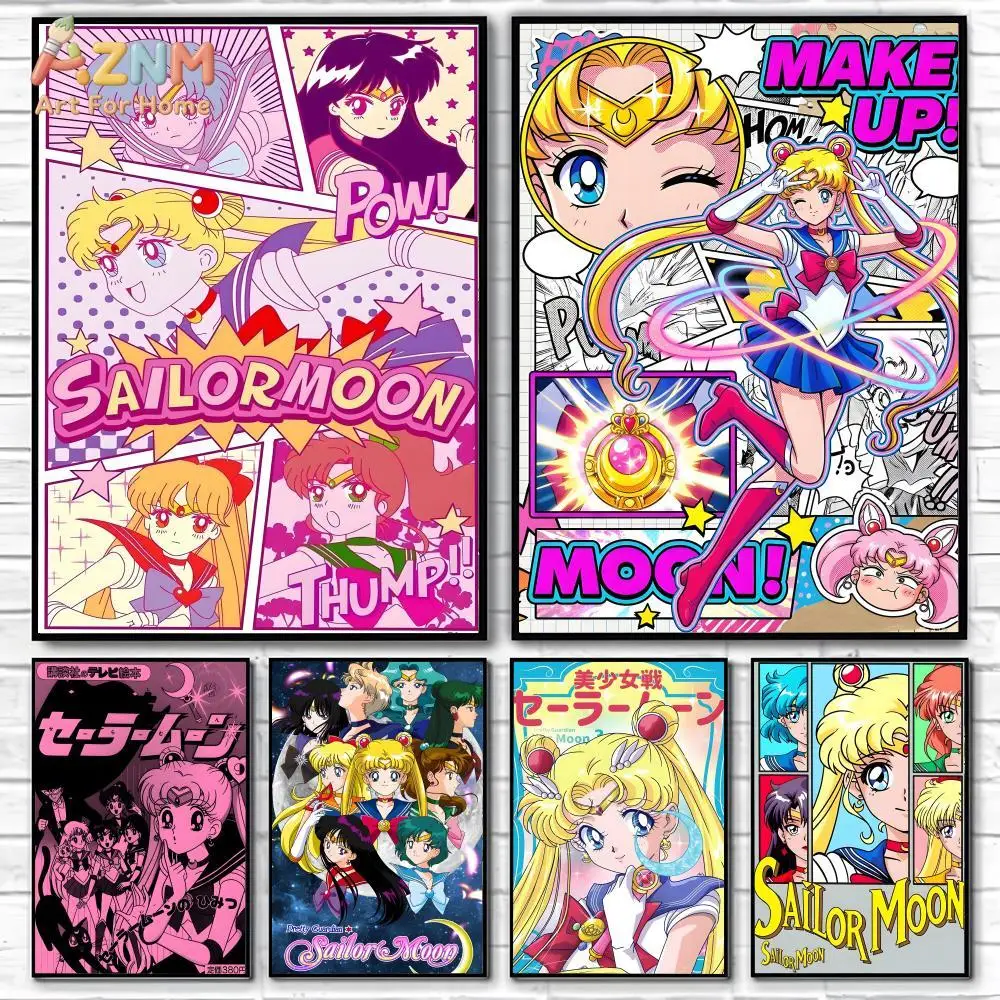 

AZNM Sailor Moon Retro Anime Canvas Wall Art Print, Cute Pink Comic Style Poster for Girls Bedroom Living Room Home Decor, No Fr