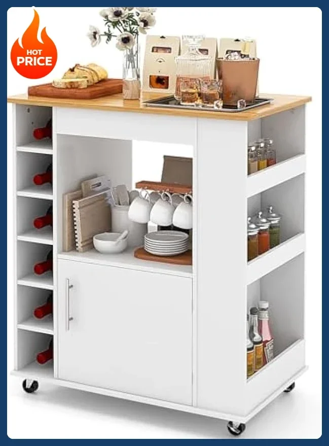 

[Best Seller!]Mobile Kitchen Island with Storage, Rolling Microwave Cart with Bamboo Top, 6-Bottle Wine Rack, 3 Tier Spice Rack,