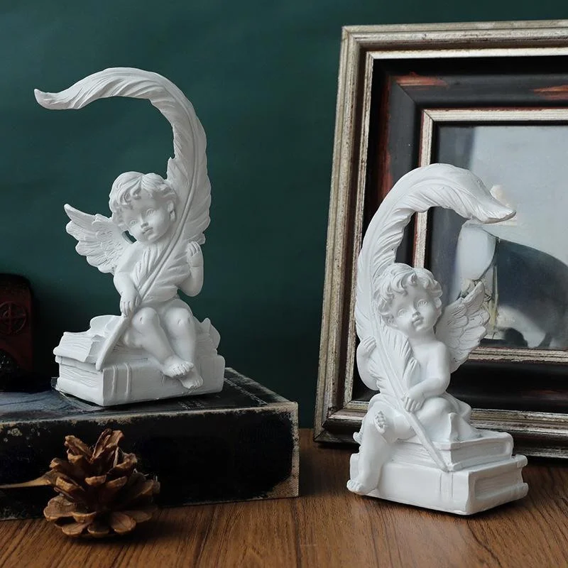 Elegant Angel Couple Sculpture With White Feather Wings Lovely Cupid Cherub Figure Wedding Party Bedroom Tabletop Romantic Decor