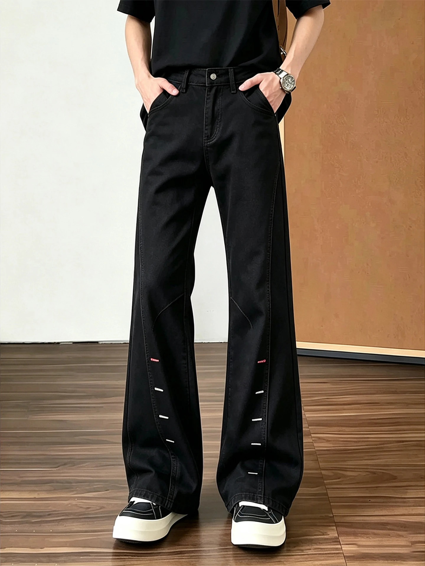 American Style Deconstructed Slant Cut Embroidered Knife Jeans Men High Sense Pure Cotton Slim Straight Narrow Version Long P...