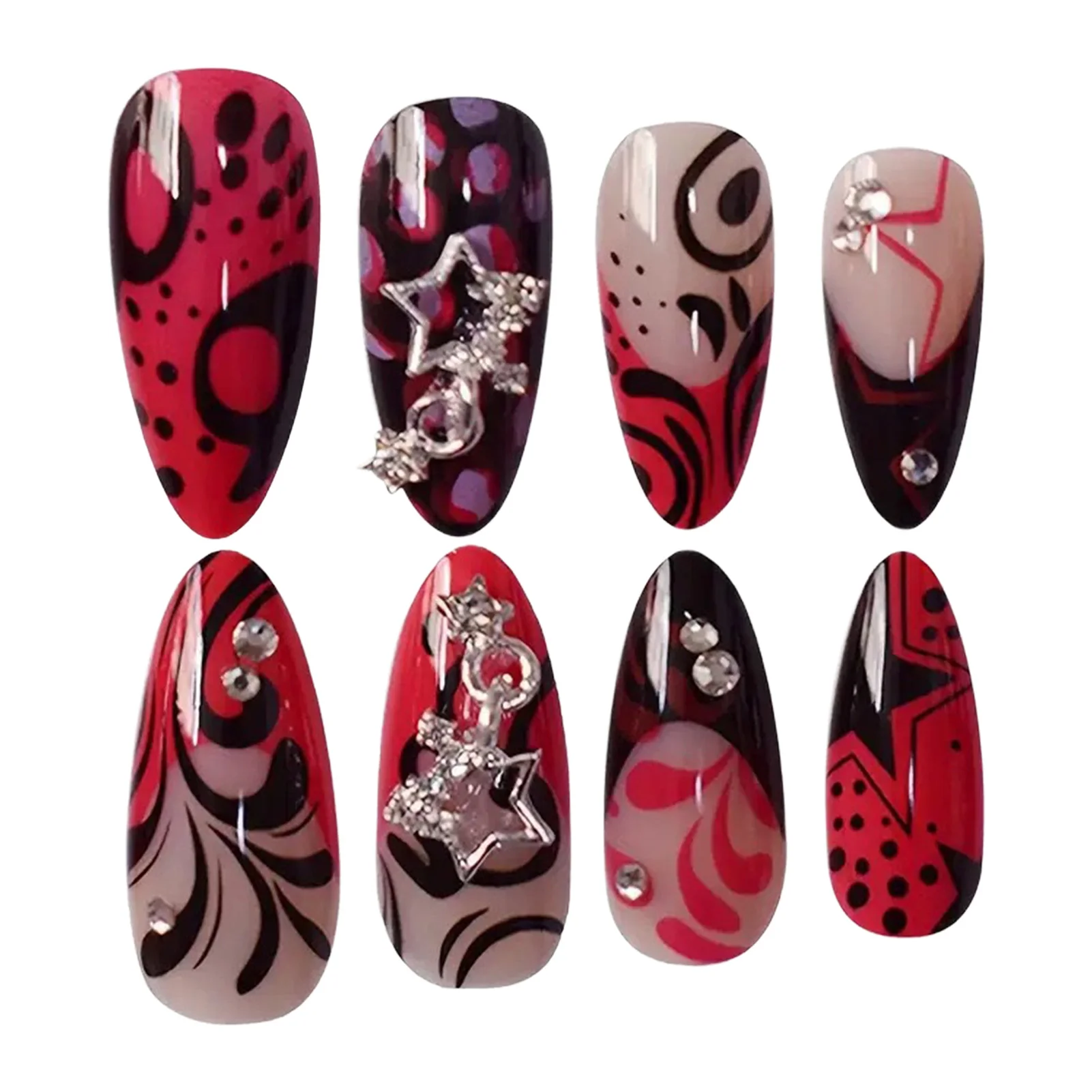 24PCS Red Black Fake Nails with Metal Star Decor Y2k Almond False Nail Tips for Women Wearable French Almond Press on Nails