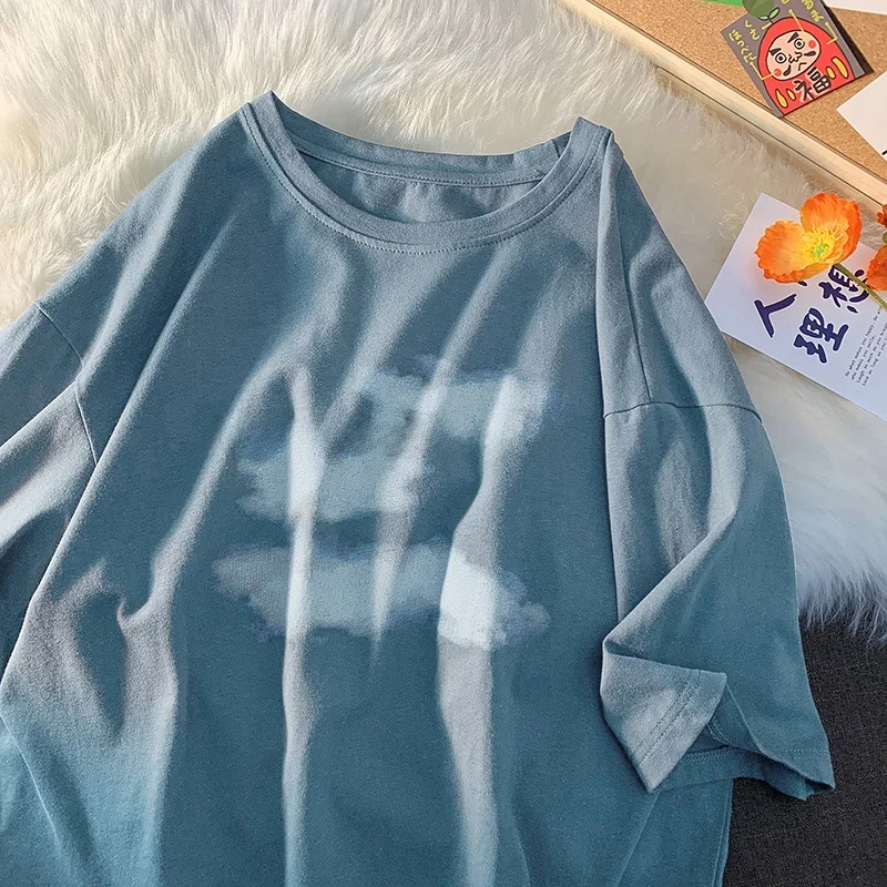 ブラック アメリカン ストリート スタイル レディース Tシャツ ルーズ 夏 五分袖 トップス ファッショナブルな多用途 カップルの着用 コットン ラウンドネック プリント