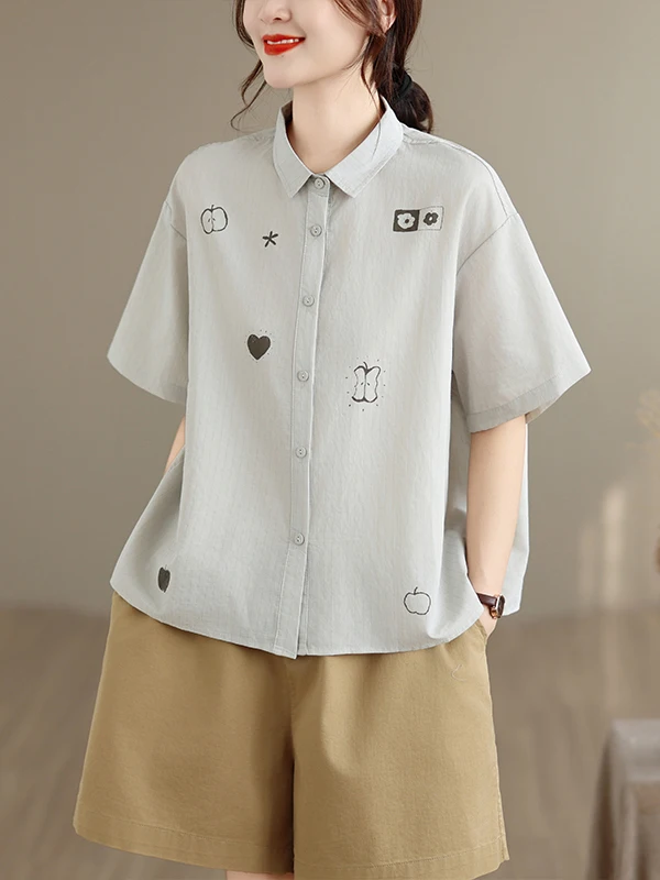 

Casual Pure Cotton Short Sleeve Printed Shirt Women's Summer plus Size Loose Slimming Striped Open Cardigan Top for Daily Wear