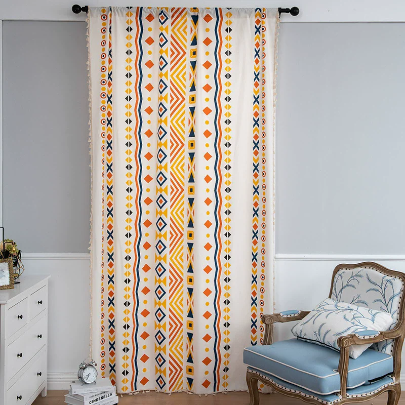 Bohemian Style Cotton Linen Printed Curtains with Tassels Multi-Color Semi-Blackout Fabric for Home Decor