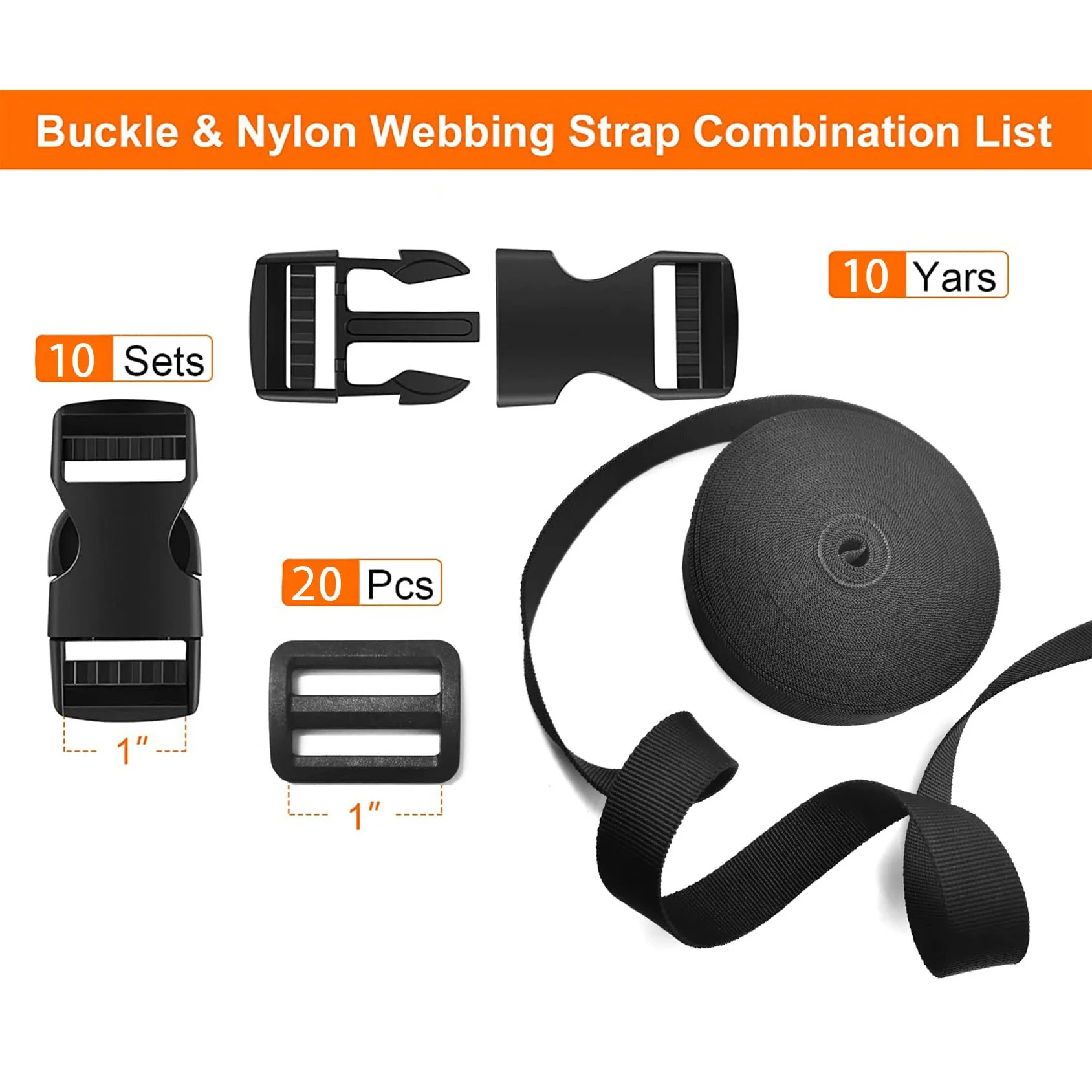 مجموعة حزام بإبزيم مقاس 1 بوصة: حزام نايلون سميك بطول 10 ياردات، 10 مجموعات من أبازيم بلاستيكية سريعة الإصدار، 20 مشبك منزلق ثلاثي الإنزلاق #2