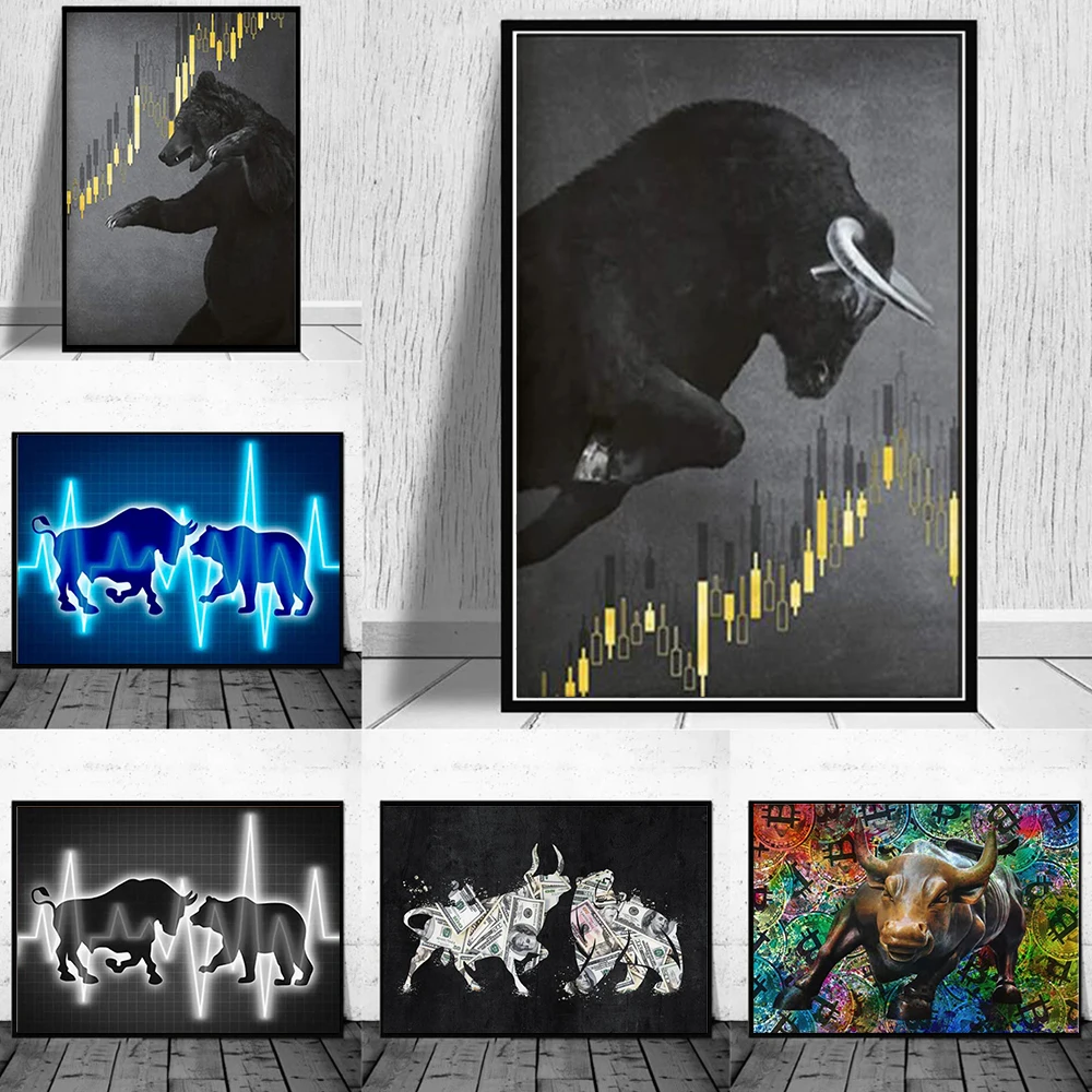 Bitcoin Crypto Bull Bear Market Canvas Painting Money Wall Art Poster Print Living Room Office Bedroom Modern Home Decor Cuadros