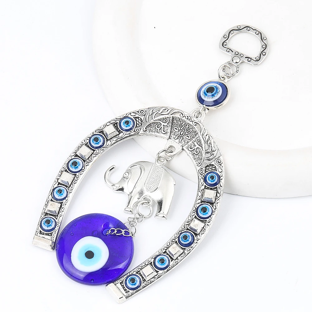 Turkish Glazed Blue Eye Horseshoe Elephant Alloy Wall Hanging Amulet Ethnic Lucky Gift Pendant Home Car Hanging Decor Jewelry