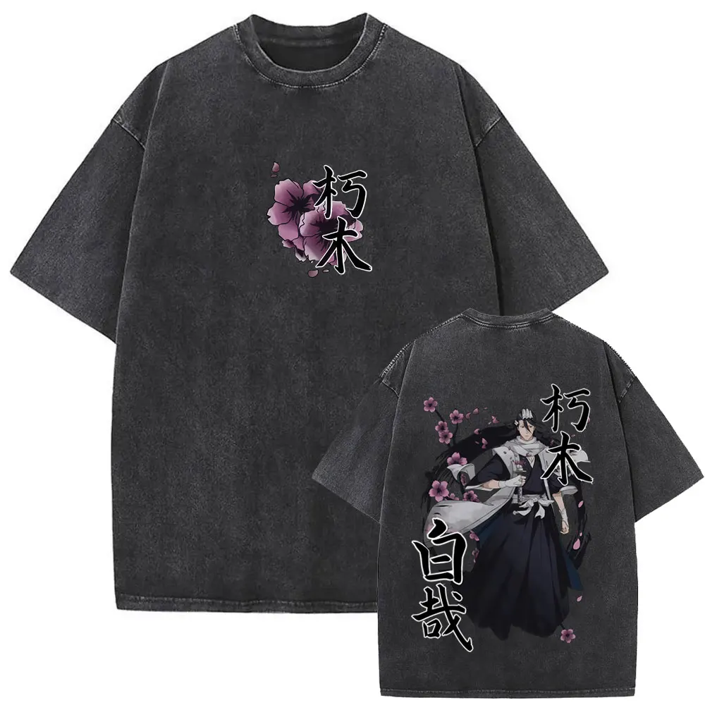 

Washed Vintage Anime Bleach Kuchiki Byakuya Cherry Blossom Graphic T-shirt Men Women Fashion Casual Oversized T Shirt Streetwear