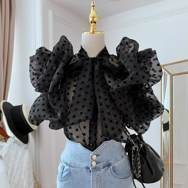 Ruffle Puff Sleeve Black Polka Dot Shirt Women Vintage Blusa Bow Lace Up Lantern Transparent New Blouse Top 2024