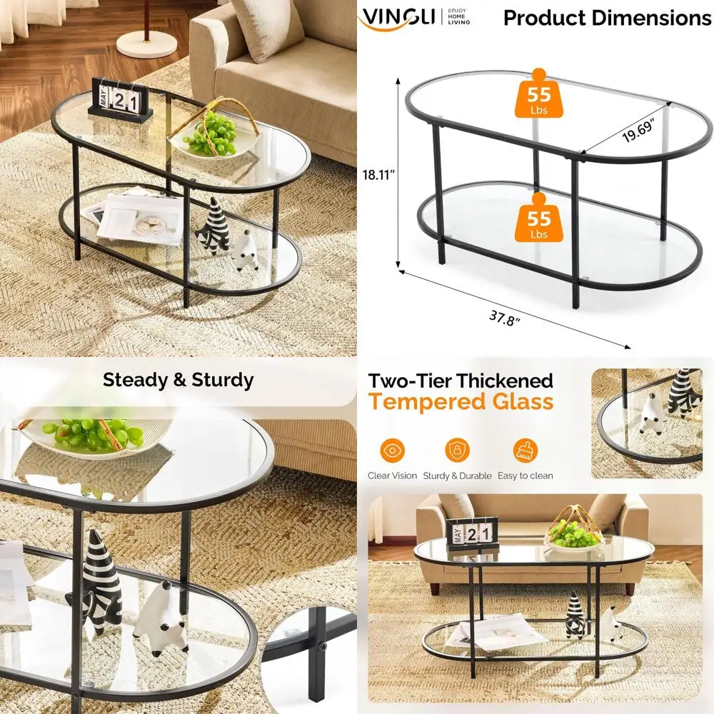 

Modern 2-Tier Oval Coffee Table for Home Decor, 38-inch Storage Tea Table, Slim Design for Living Room