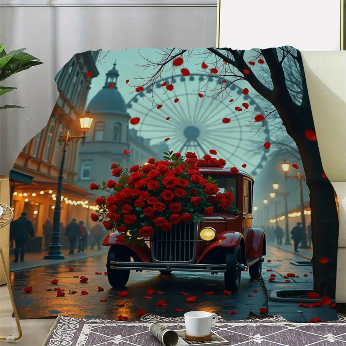 Valentine's Day Throw Blanket Red Roses Carriage Sports Car Eiffel Towel 3D-Print Plush Soft Fluffy Blanket Gift for Your Lover