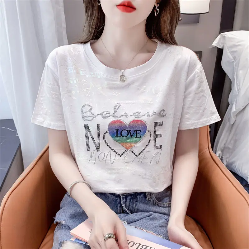 Summer Women\'s Pullover Letter Geometric Rhinestone Contrast Color Short Sleeve T-shirt Elegant Clothing Round Neck Casual Tops