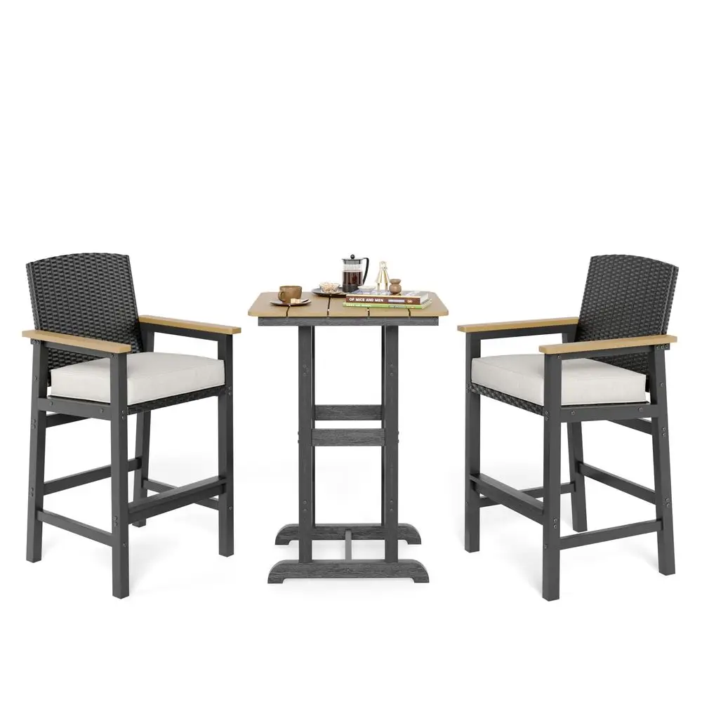 

3 Pieces Outdoor Bar Set, AllWeather Bistro Table and 2 Bar Stools with Wicker Backrest and Comfy Cushion, Outdoor Patio Bistro