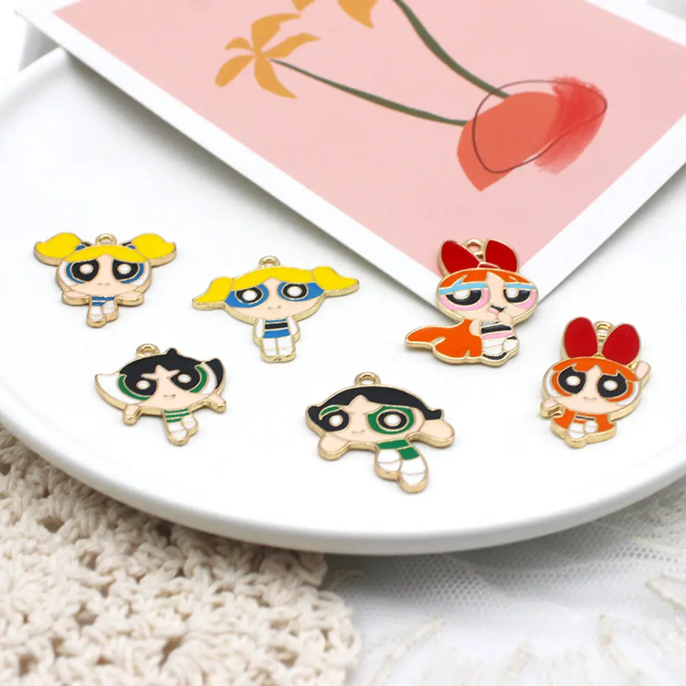 Porte-clés en métal Powerpuff Girls, pendentif à breloque bricolage, collier porte-clés fait main, accessoires de boucle d'oreille mignons, 10 pièces