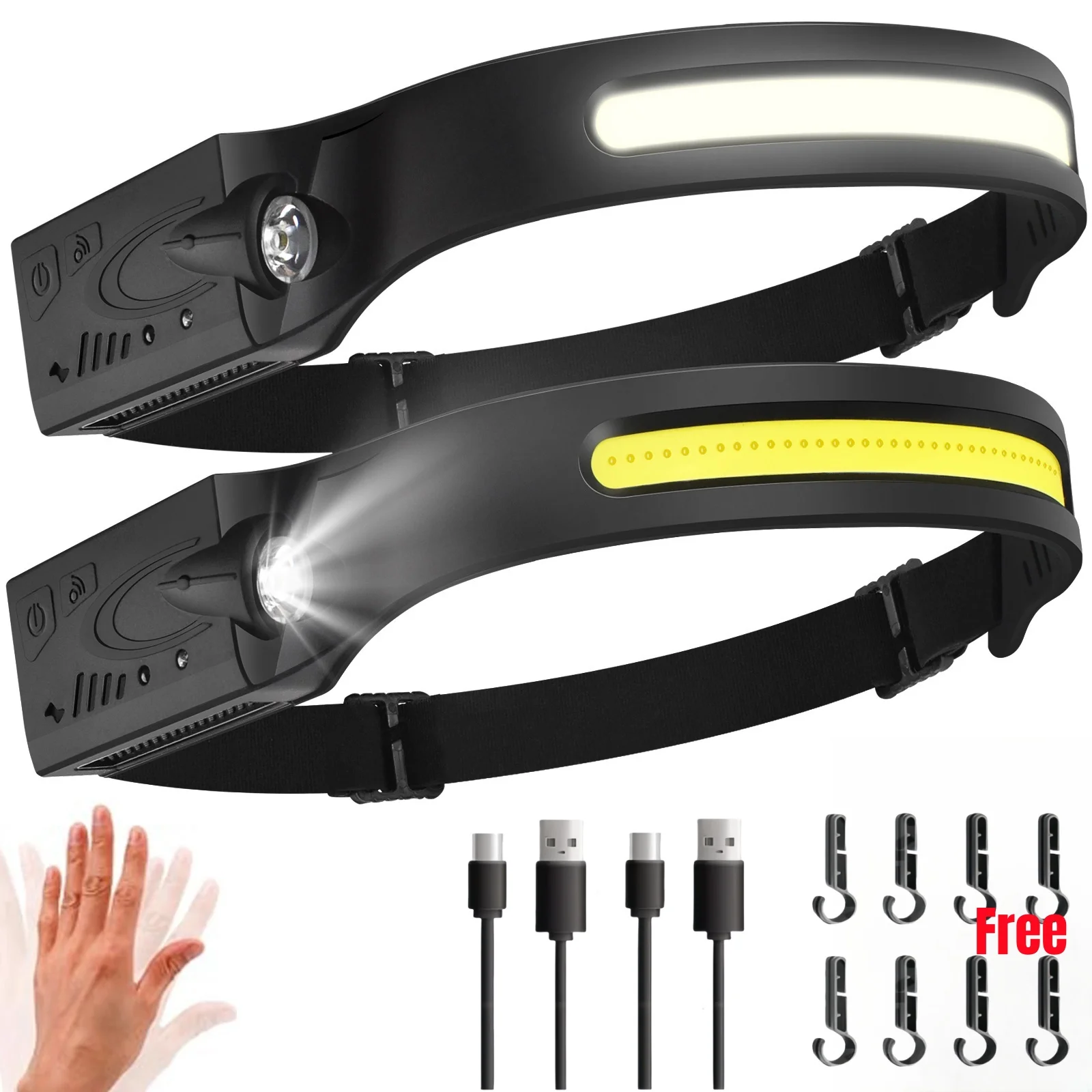COB LED Headlamp Sensor Headlight USB Rechargeable Head Torch 5 Modes for Camping Fishing Work Light
