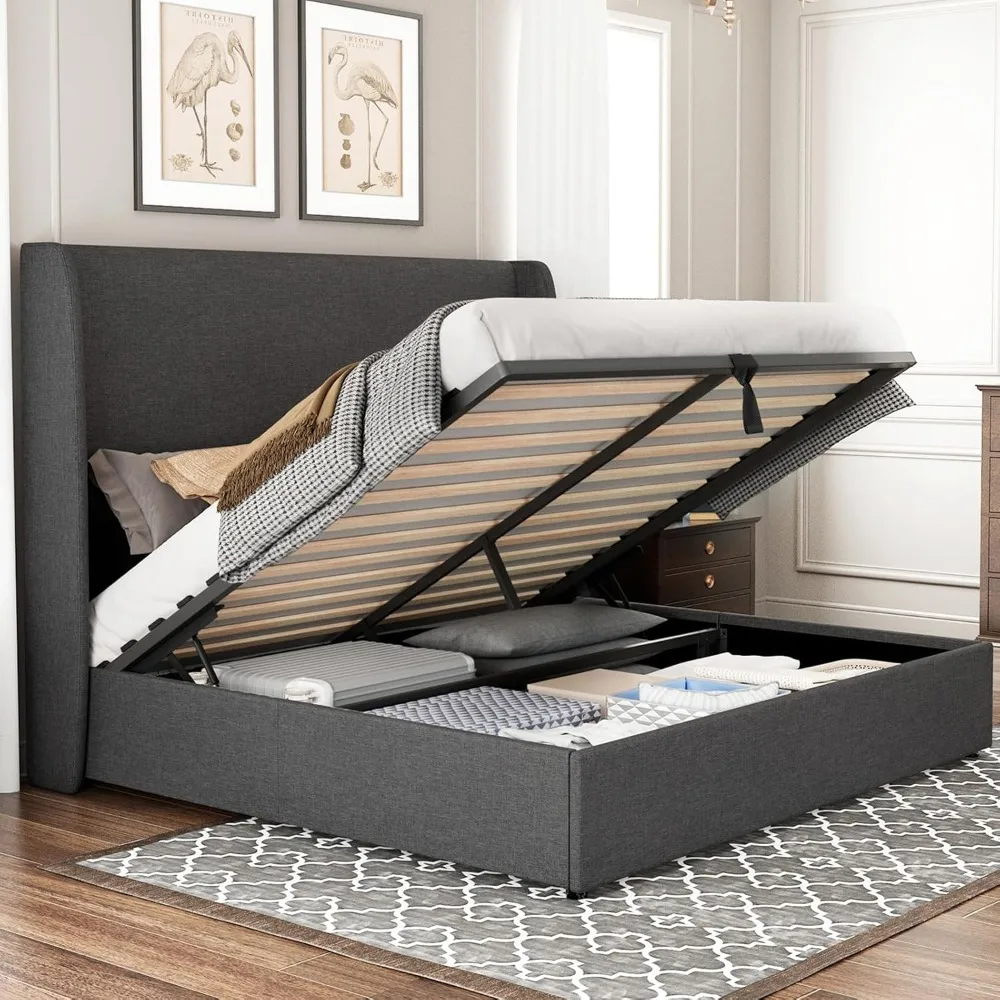 Lift Up Storage Bed Queen Size Linen Upholstered Platform Bed Frame Hydraulic Storage Modern Wingback Headboard No Box Spring