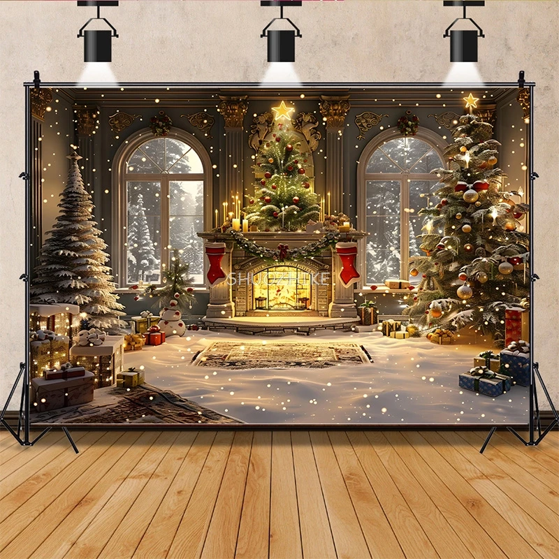 Christmas Tree With Wooden Floor Photography Backdrops Pinecones Snow Fireplace New Year Winter Holiday Party Background DT-31