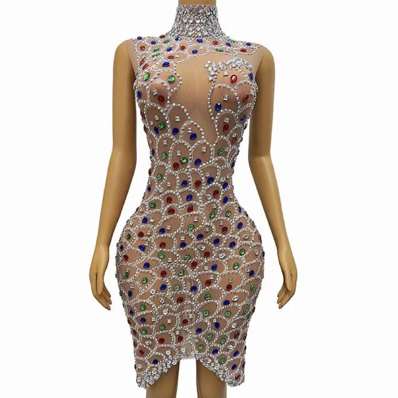 Kolorowa Sukienka Wieczorowa z Dużymi Kamieniami, Elastyczna, Seksowna, Przezroczysta Siateczka, Kostium na Imprezę, Urodziny, Strój XS6841