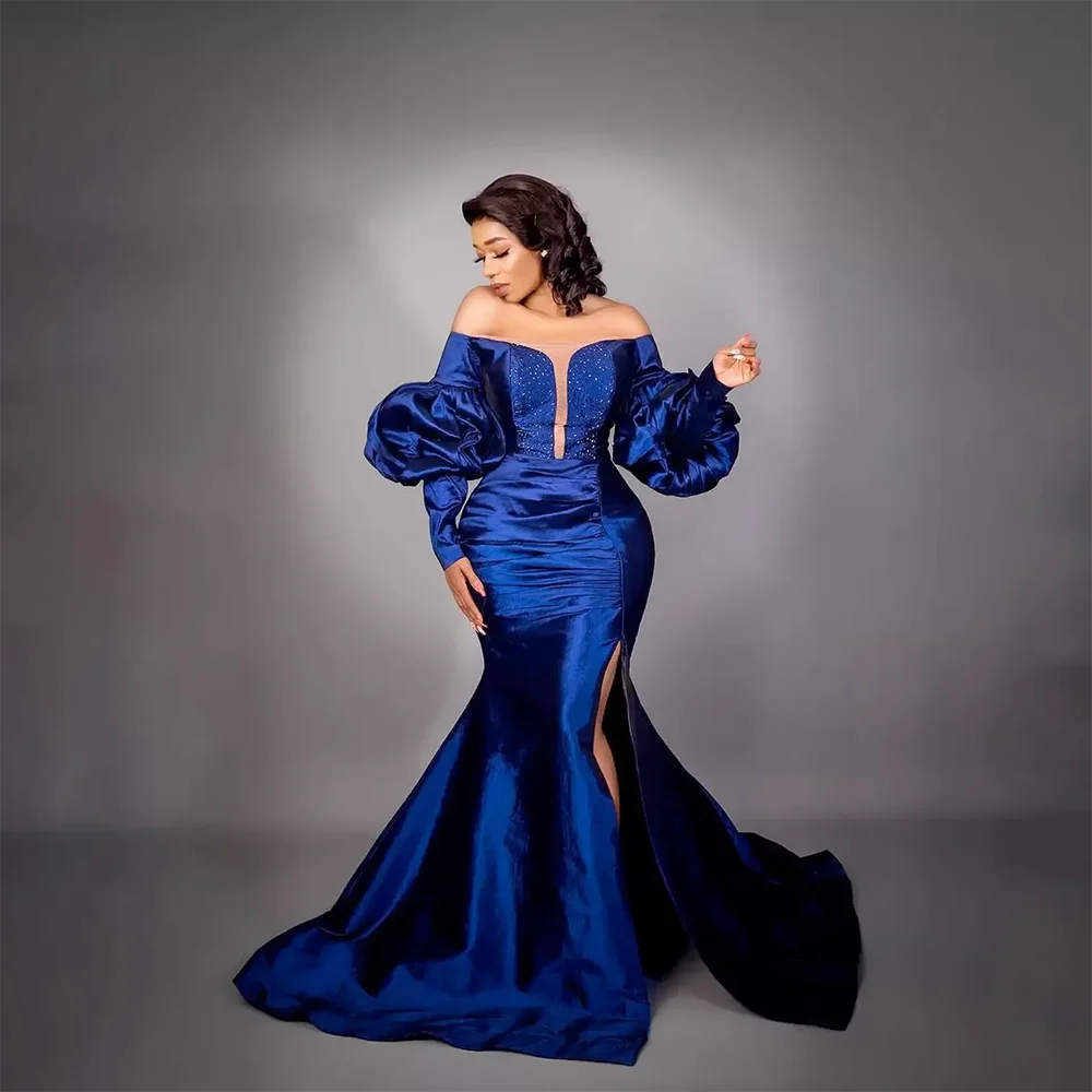 

2024 Arabic Aso Ebi Royal Blue Mermaid Evening Dresses Long Sleeves Beaded Prom Dresses Taffeta Formal Party Gowns