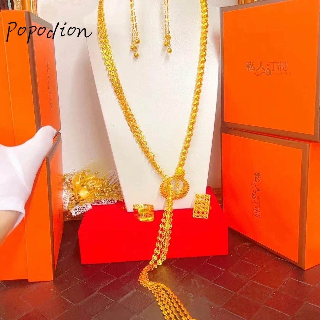 

Popodion New 24k Gold Plated Dubai Beads Tassel Necklace Women's Earrings Finger Bride Wedding Party Jewelry YY10267