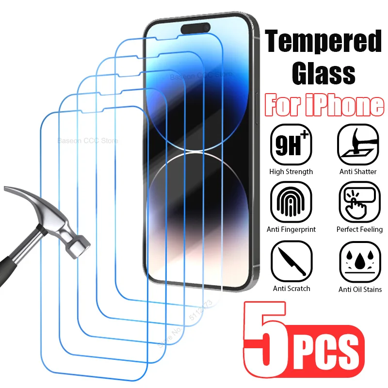 5PCS Tempered Glass For iPhone 14 15 13 12 11 Pro Max X XR XS Screen Protector for iPhone 13 12Mini 14 15 8 7 Plus SE 2022 glass