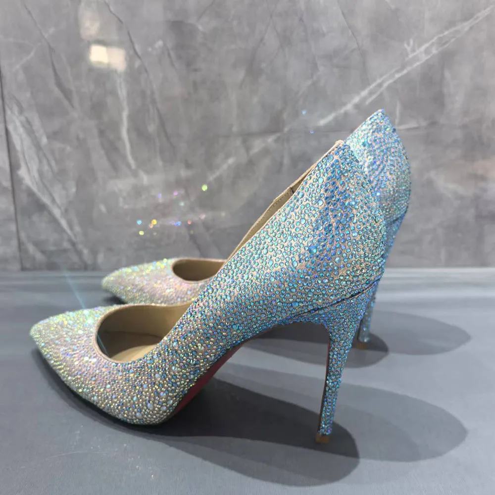 Colorful Gradient Rhinestone High Heels Shiny Luxury Crystal Shoes Pointed Stiletto Slip-On Sexy Pumps Large Size Wedding Shoes