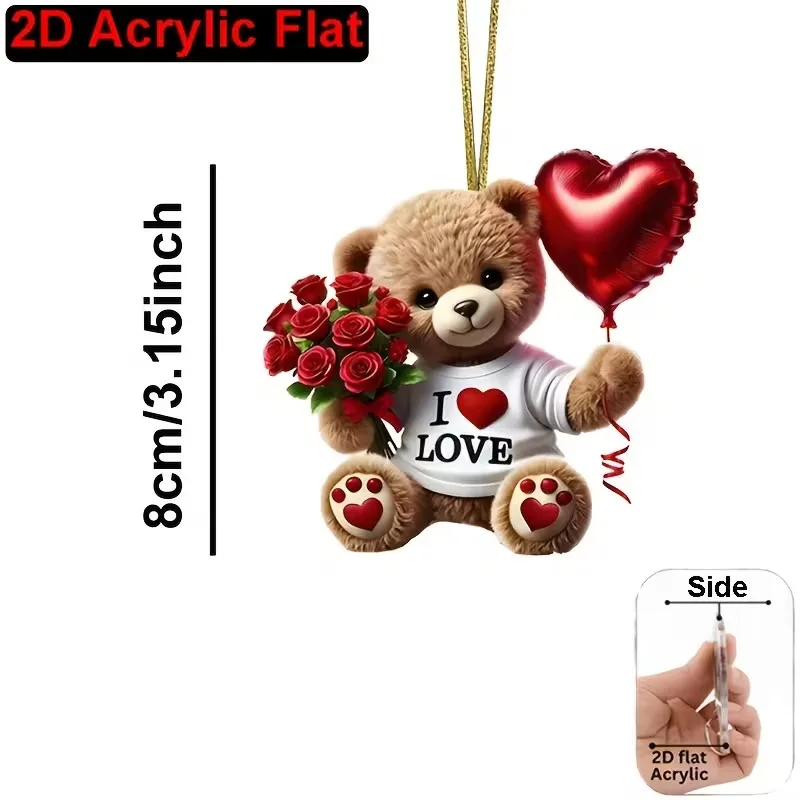 Cute Love Bear 2D Flat Acrylic Keychain Car Hanging Ornament Rose Heart Balloon Pendant Rearview Mirror Decor Valentine Gift