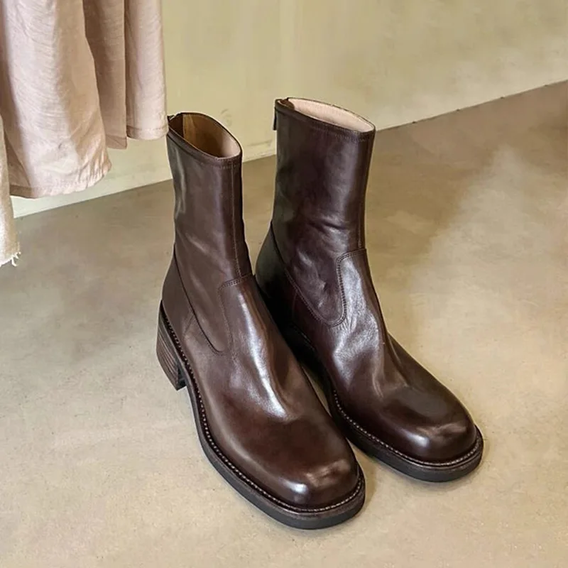 ZA Fashion Black stivaletti donna punta tonda Vintage tacco basso scarpe da ufficio donna autunno inverno stivali da moto