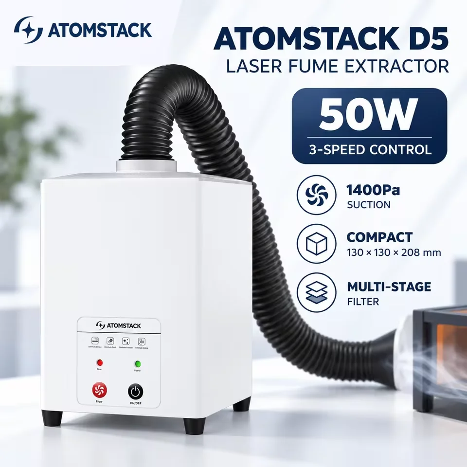 ATOMSTACK D5 MINI Laser Cutter Air Cleaner Manual Soldering Compact Fume Extractor Smoke Smell Suction Device 3-HEPA Carbon Filter For Laser Accessories Done Odor Removal