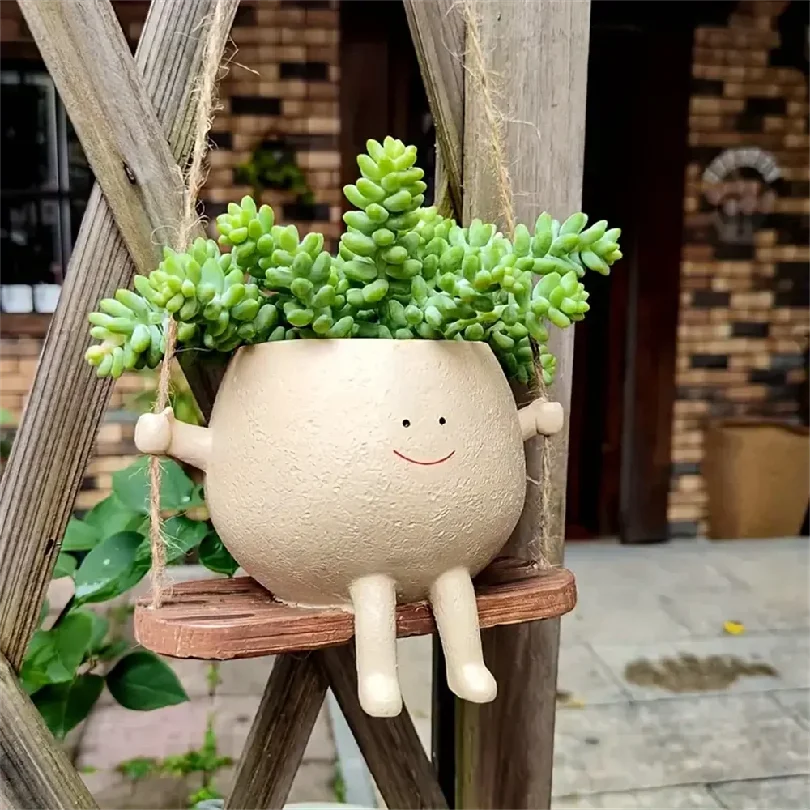 Hanging Swing Face Planter Resin Flower Head Pot for Indoor Outdoor Succulents Perfect for String of Pearls & Ideal Gift