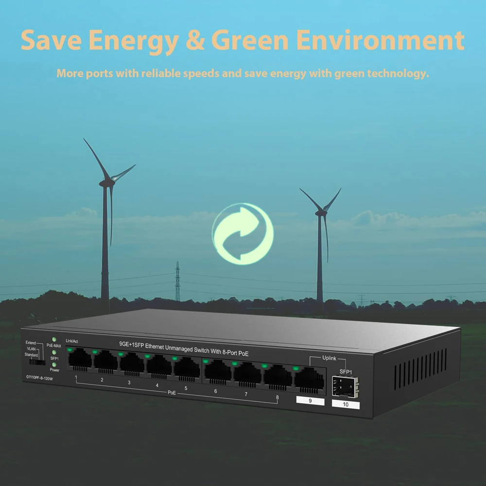 محول جيجابت PoE ذو 8 منافذ مع 8 منافذ PoE+@120W ومنفذ جيجابت الإرسال الواحد و1 فتحة SFP IEEE 802.3af/at مع كاميرا IP نقطة الوصول