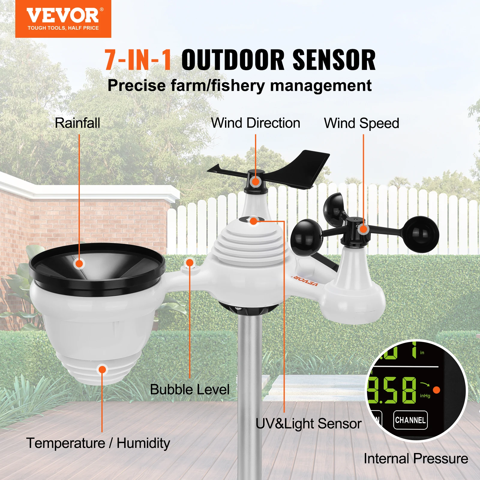 VEVOR 7-in-1 Wireless Weather Station,7.5In Large Color Display, Digital Weather Station Indoor Outdoor,for Temperature Humidity