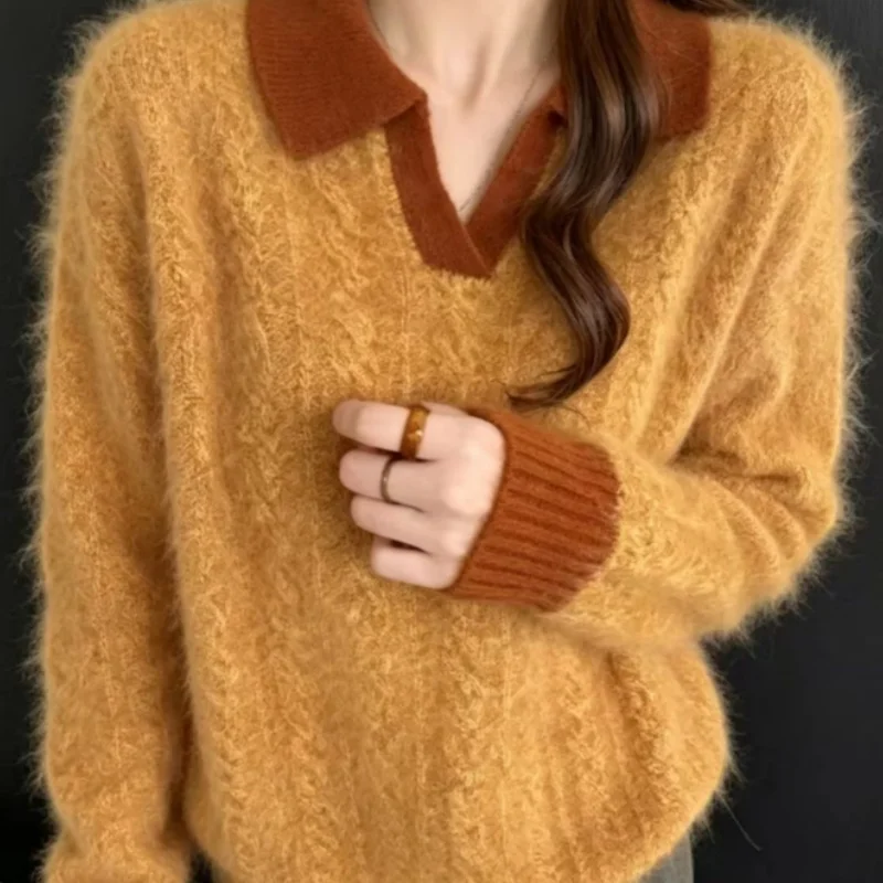 Polo Collar Color Block Pullover 100% Merino Wool Thread Brushed Fashion Sweater Women Autumn Winter Trendy Soft Cashmere Top