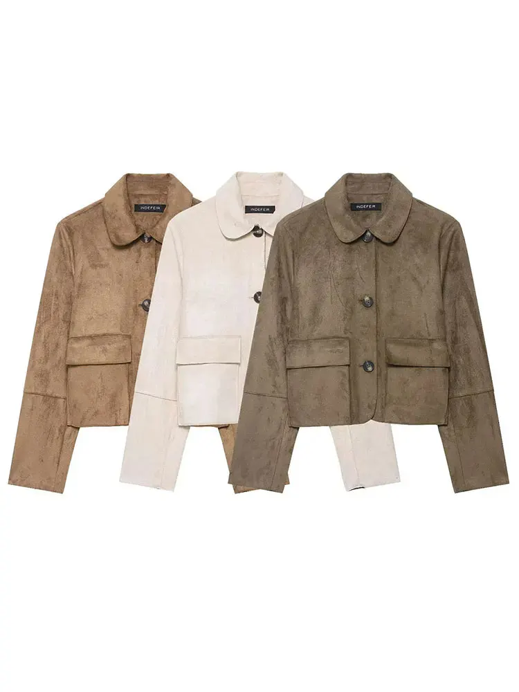 Vintage dámská semišová bunda s dlouhým rukávem a klopou, dámské kabáty, podzim 2025, ležérní, dojíždějící, streetwear, dámské svrchní oblečení - náhled 6