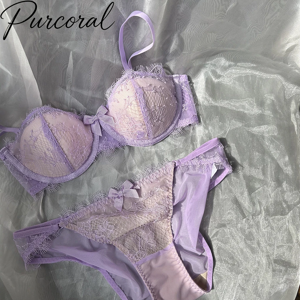 2026 New Sweet Purple Lace Lingerie Set Women Bow Decor Underwire Bra Brief  Ladies Lace Underwear Set