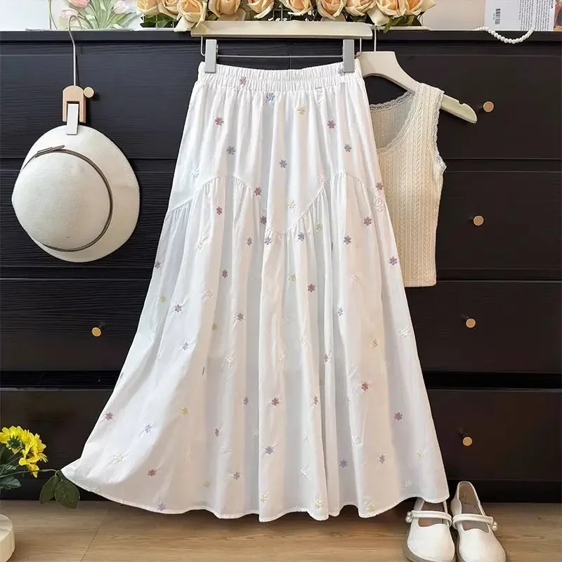 

New Spring Elegant Midi Skirt Women Floral Embroidery Pleated Skirts Elastic Waist Casual A-line Skirts Y2k Vintage Jupe
