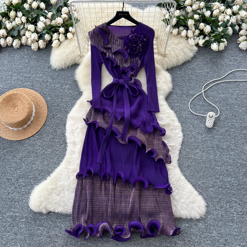 Retro elegantes dreidimensionales schlankes Langarm-Kleid mit essbarem Baumpilz und hoher Taille für Damen im Herbst und Winter