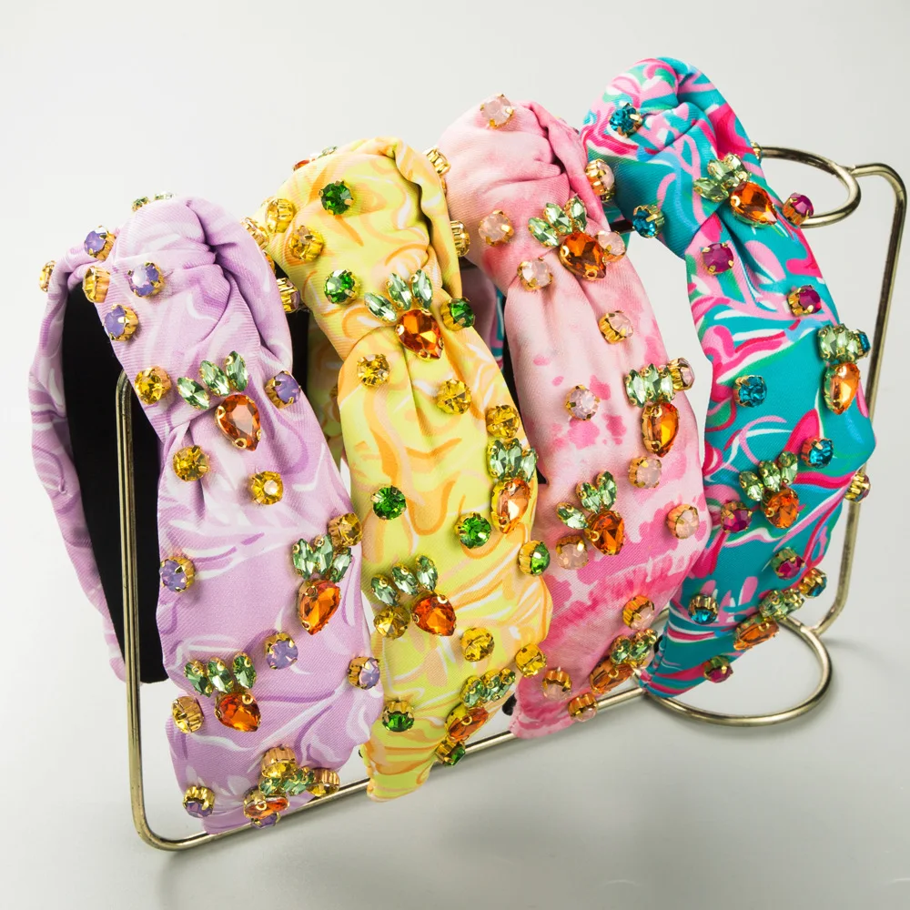 

Heming headband printing and dyeing fabric hand-sewn high skull top headband temperament advanced sense diamond-encrusted dinner