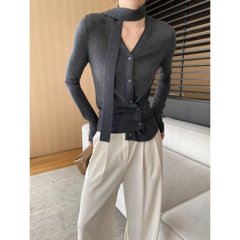 V-neck Ribbon Knitted Cardigan 2024 Autumn Slim Fit Button Up Sweater Coat With Scarf