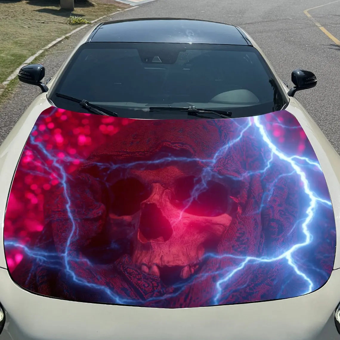 ฝากระโปรงรถลายโครงกระดูกมีฮู้ด - วัสดุพีวีซีกันน้ำ ติดตั้งง่ายด้วยตัวเอง ป้องกันรอยขีดข่วน เหมาะสำหรับรถยนต์ รถ SUV รถบรรทุก - คุณภาพเยี่ยม