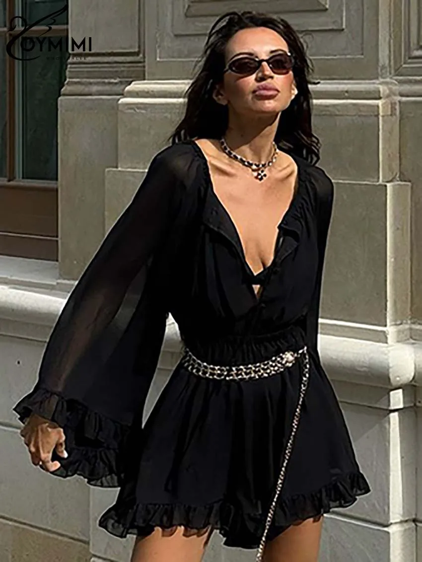 Oymimi Fashion Black Lace-Up Womens Dresses Casual Long Sleeve Button Ruffled Dresses Elegant High Waisted Pleated Mini Dress