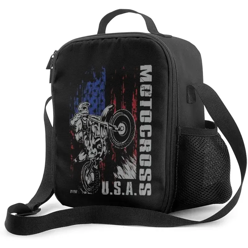 Motocross U.S Flag Print Reusable Insulated Lunch Box with Shoulder Strap Picnic Cooler Food Bag Portable Thermal Bento Tote Bag