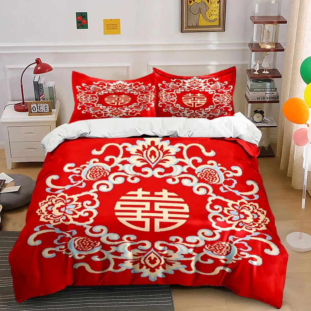 Red background with auspicious floral patterns Printed Duvet Cover Set1 Duvet Cover+2 PillowcaseMulti Size Bedroom Bedding Decor