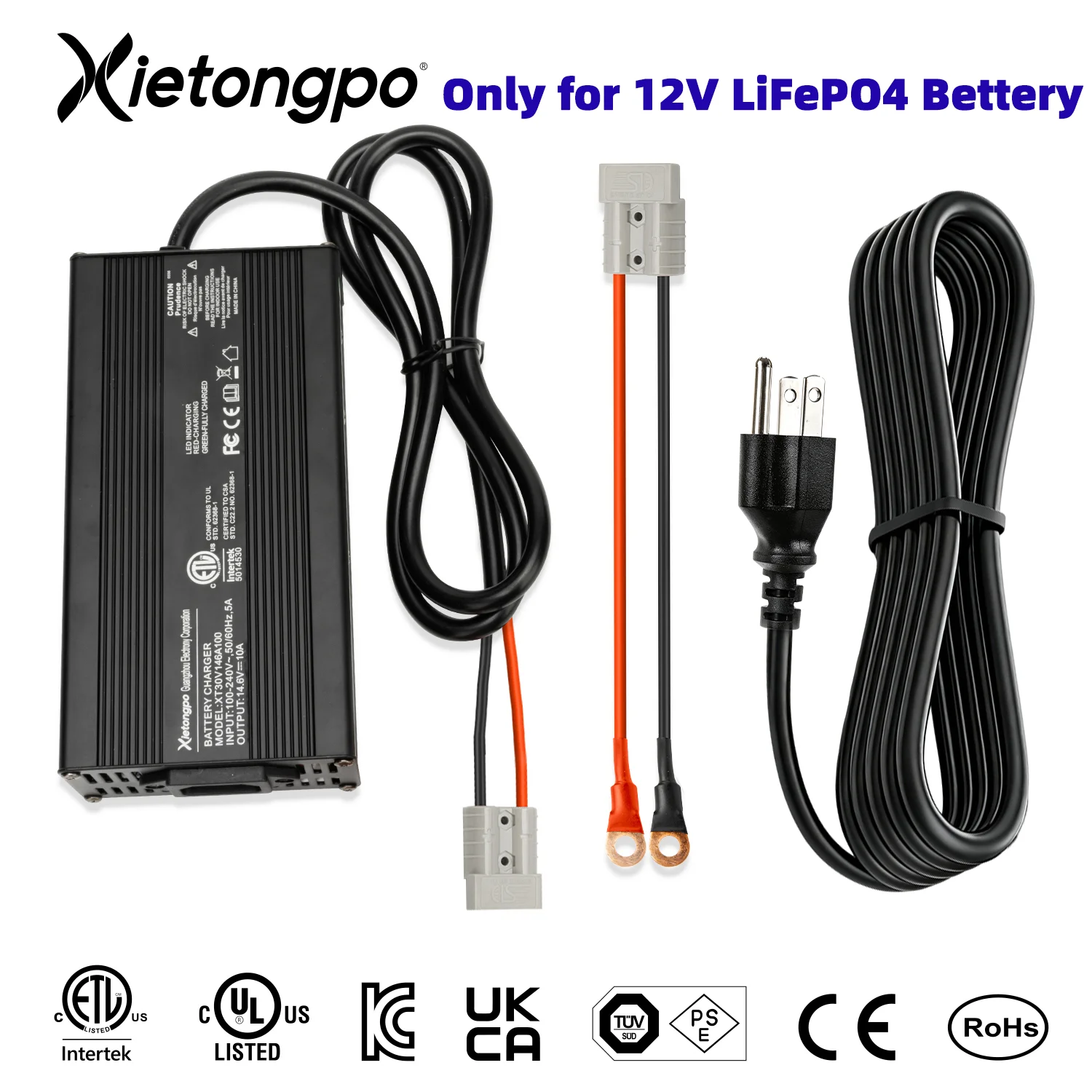 Xietongpo 14.6V 10A LiFePO4 Battery Charger for 12V 12.8V 4S Batteries, 100-240V AC Automatic CC/CV Charger with Cooling Fan, Alligator Clips and Anderson Connector to M8 Copper Ring Terminal Adapter