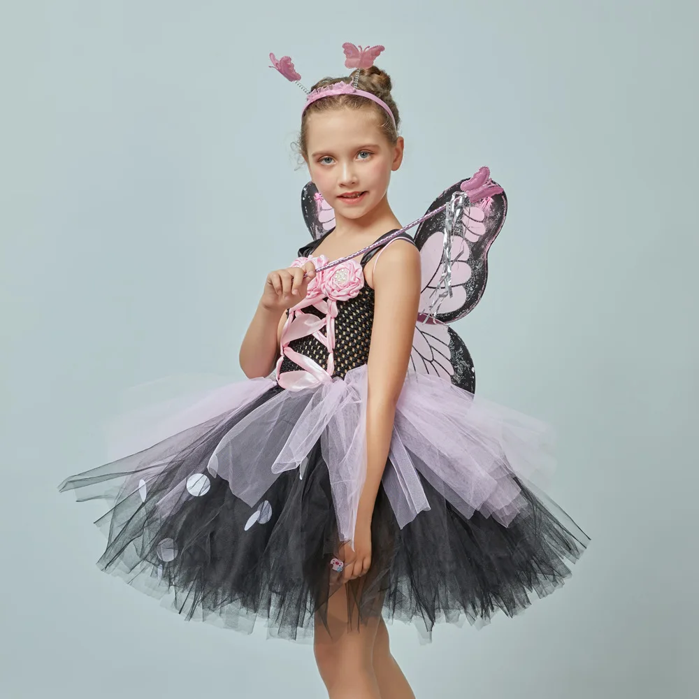 Halloween Kids Butterfly Floral Tutu Dress Package Girls Soft Mesh with Wings Children Pageant Attire Little Girls Stage Outfit