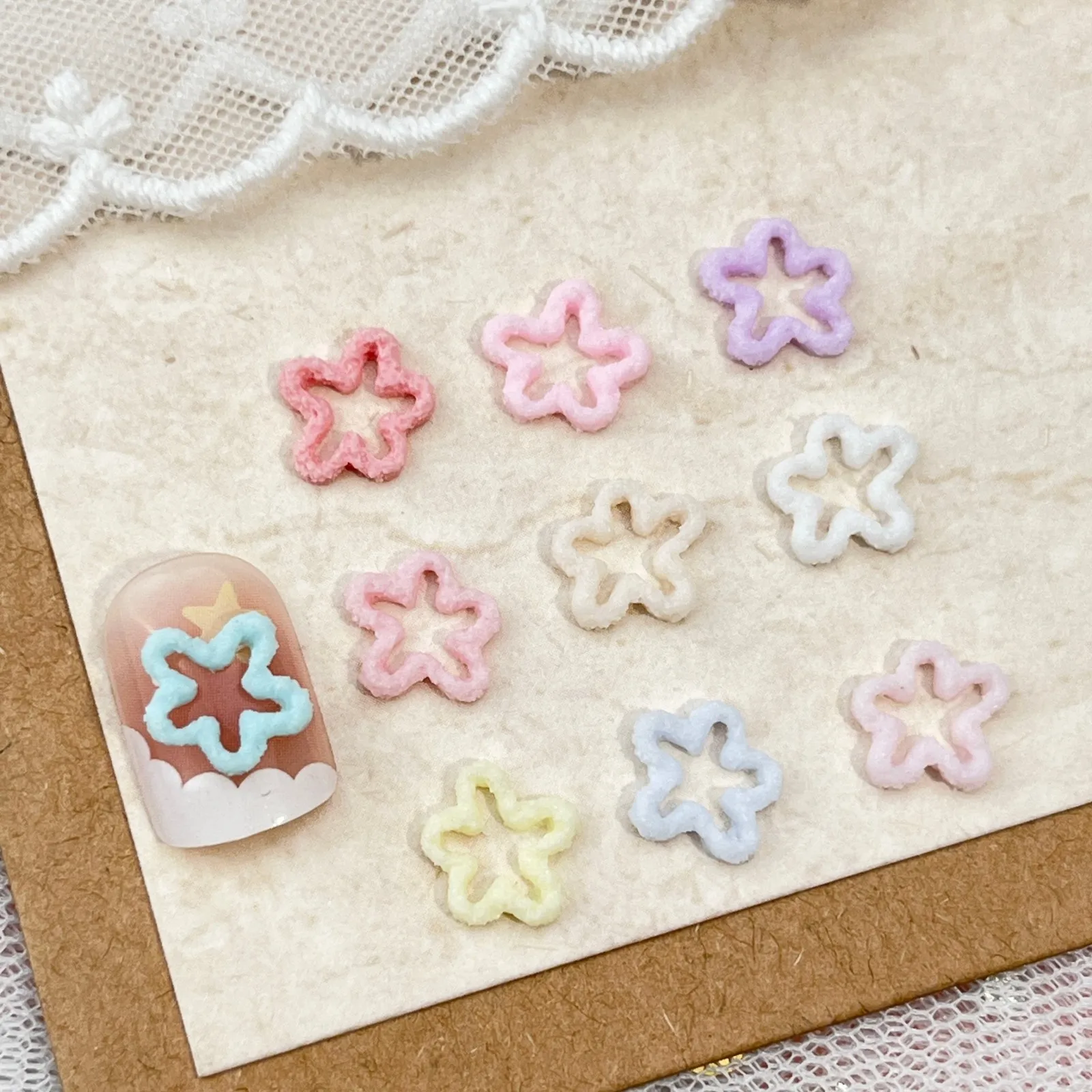 50pcs Cute Irregular Hollow Flower Nail Charms Macaron Color Star Heart Cloud Resin DIY Press On Nail Art Decor Accessories