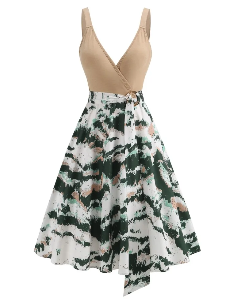 

Vintage Off Shoulder Midi Dress Women 2025 Summer Fashion Elegant Slim Sleeveless Printed V-neck Vestidos Temperament Dresses