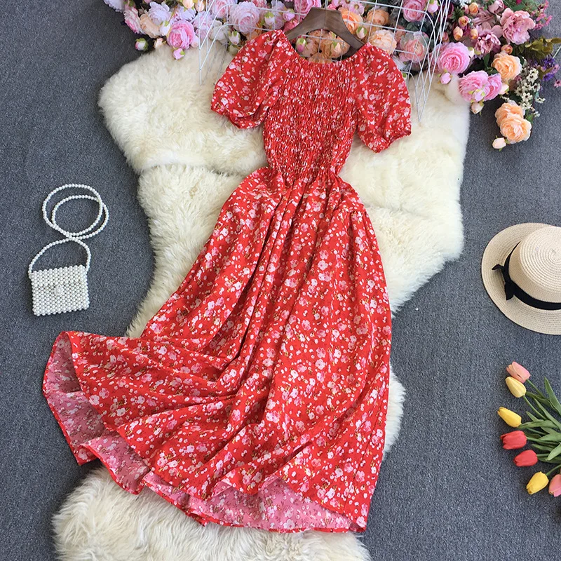 new Women\'s Clothing Dresses Gentle floral summer 2024 new French retro square neckline bubble sleeve straight neck long skirt