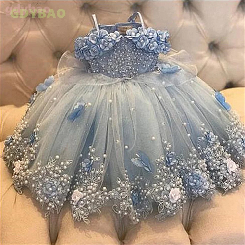 Luxo bebê menina vestido de aniversário rendas pérolas infantil applique vestido princesa flor menina vestido longo natal baile baile baile