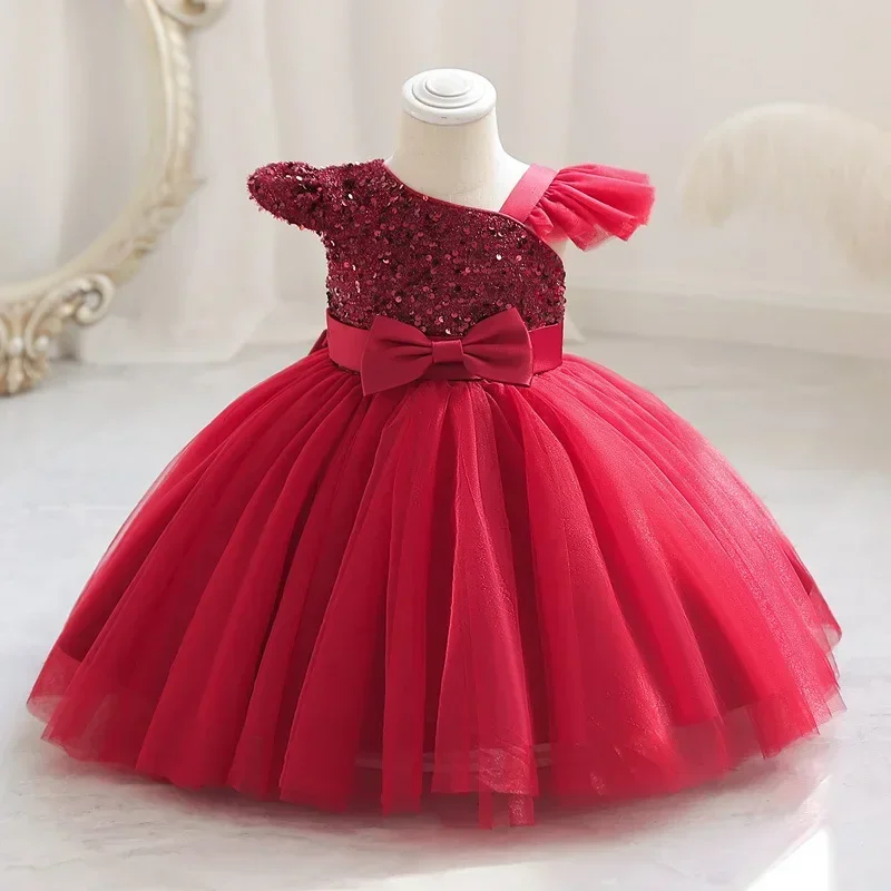 Flower Girl Dress for Wedding 1-5Y Baby Birthday Party Princess Dress One-shoulder Cute Bow Kid Prom Tutu Gown Mesh Baby Dresses